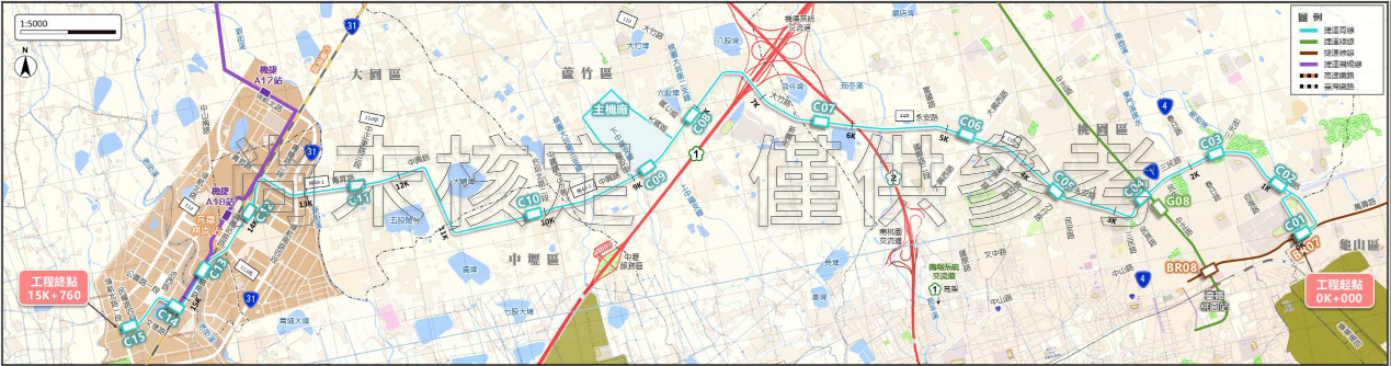 桃園捷運青線路線圖（尚未定案）。圖：桃園市政府捷運工程局