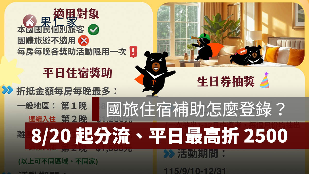 2026 國旅住宿補助怎麼登錄？8/20 起分流、平日最高折 2,500 元，生日券 1,200 元（圖源：擷取自交通部觀光署）