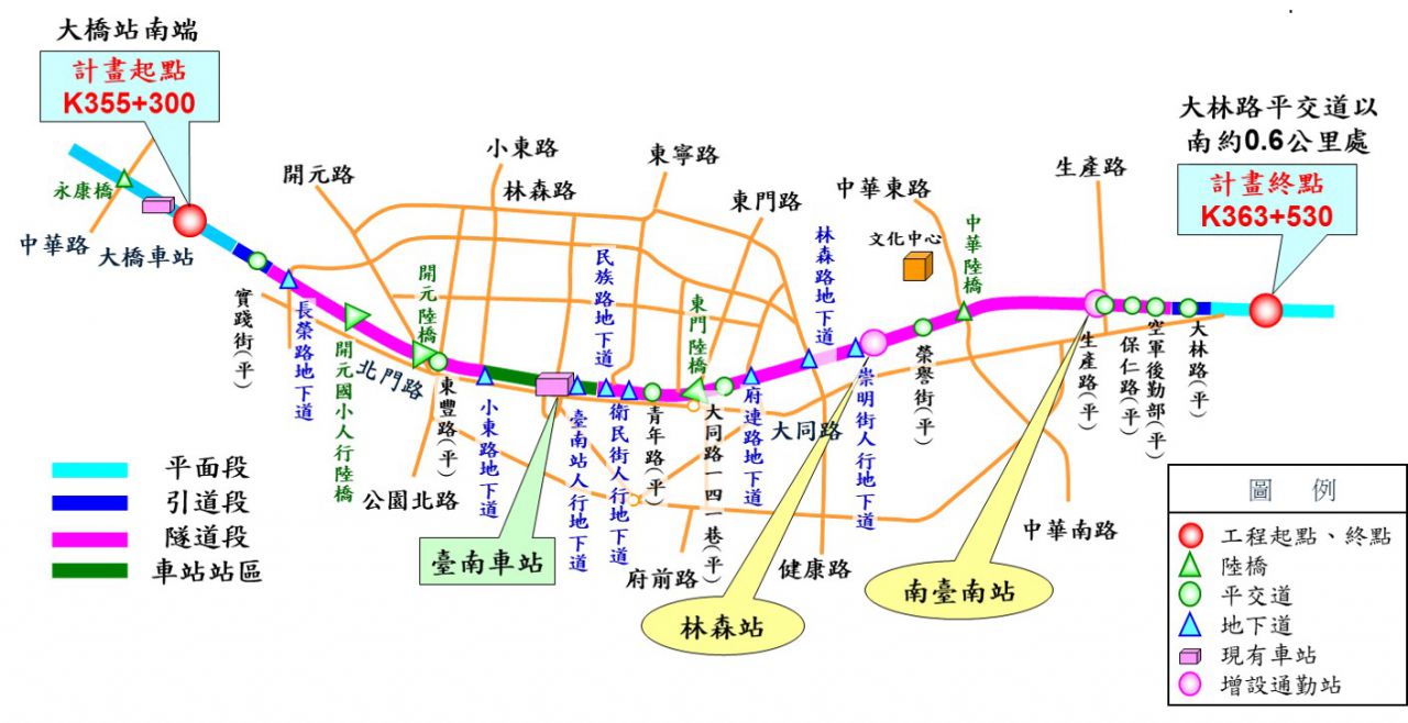 臺南市區鐵路地下化計畫示意圖。圖源：擷取自交通部