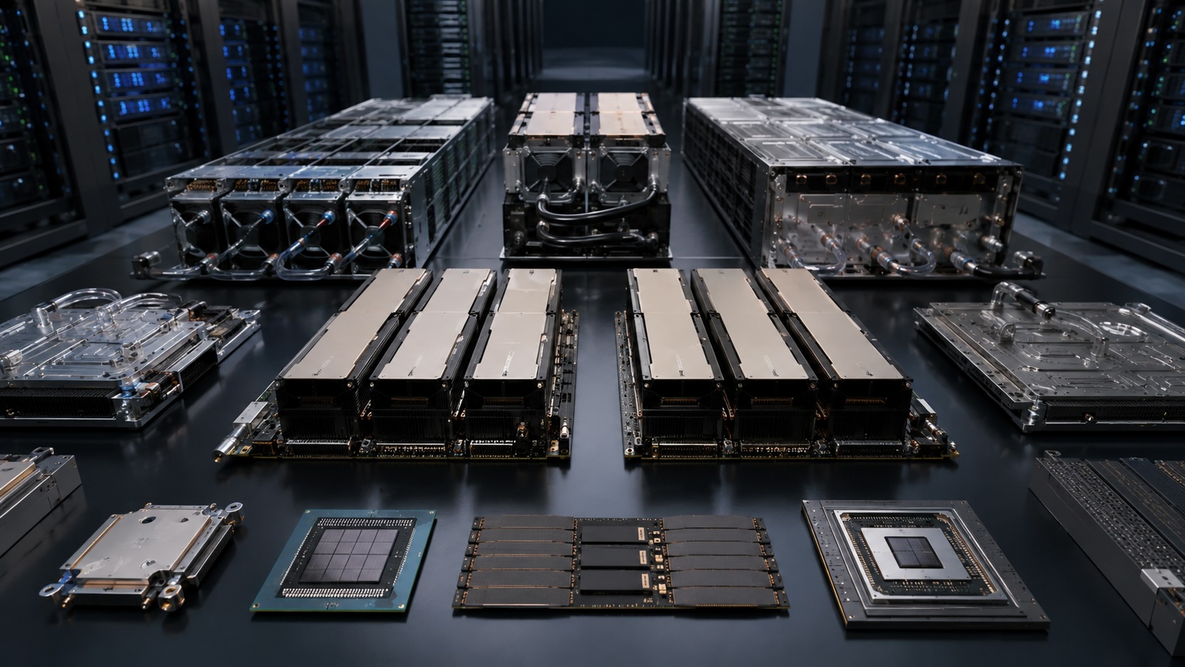 新一代 AI GPU 晶片與液冷伺服器示意圖