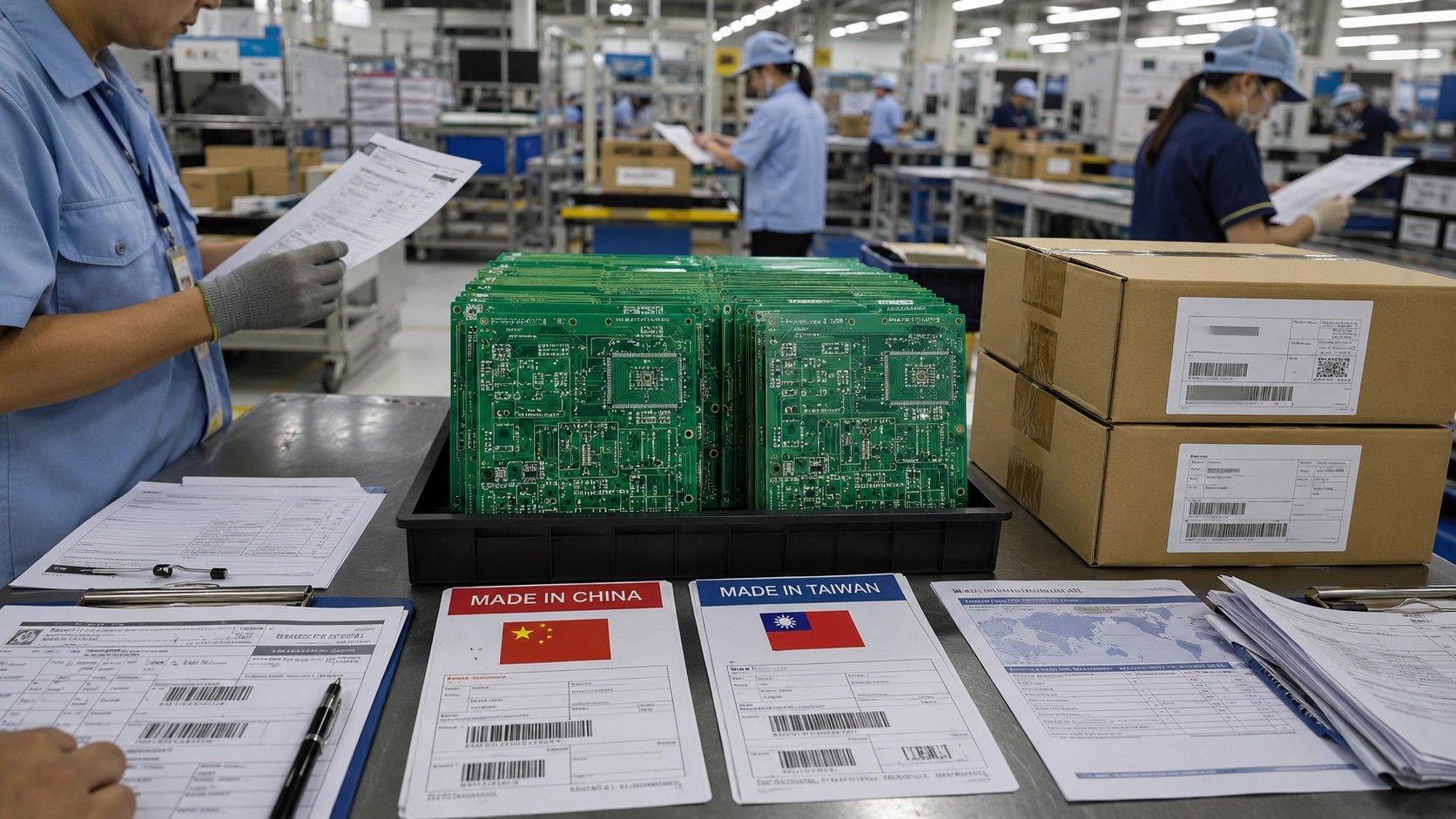 PCB 產地標示爭議與台灣製造標籤示意圖