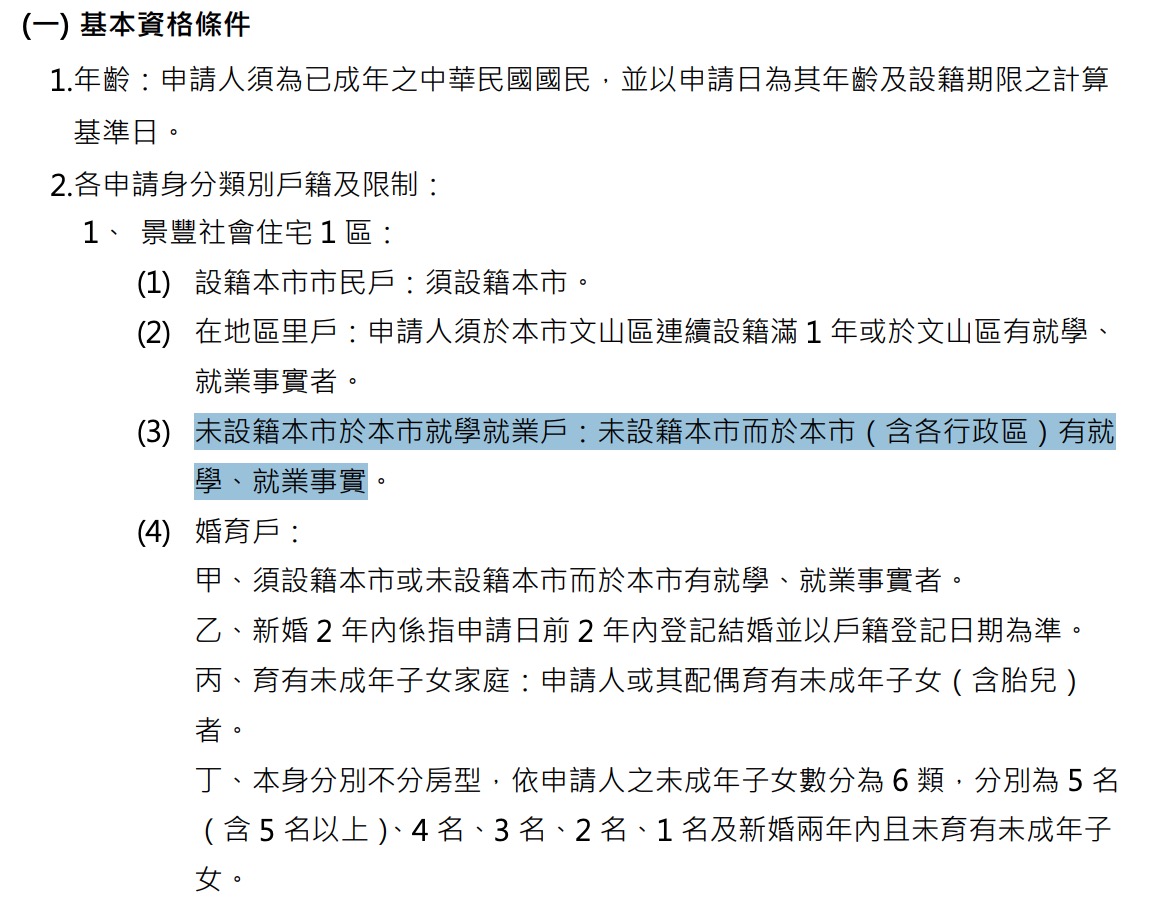 2026 台北社宅－景豐社宅 1 區招租資訊（圖源：擷取自北市安心樂租網）