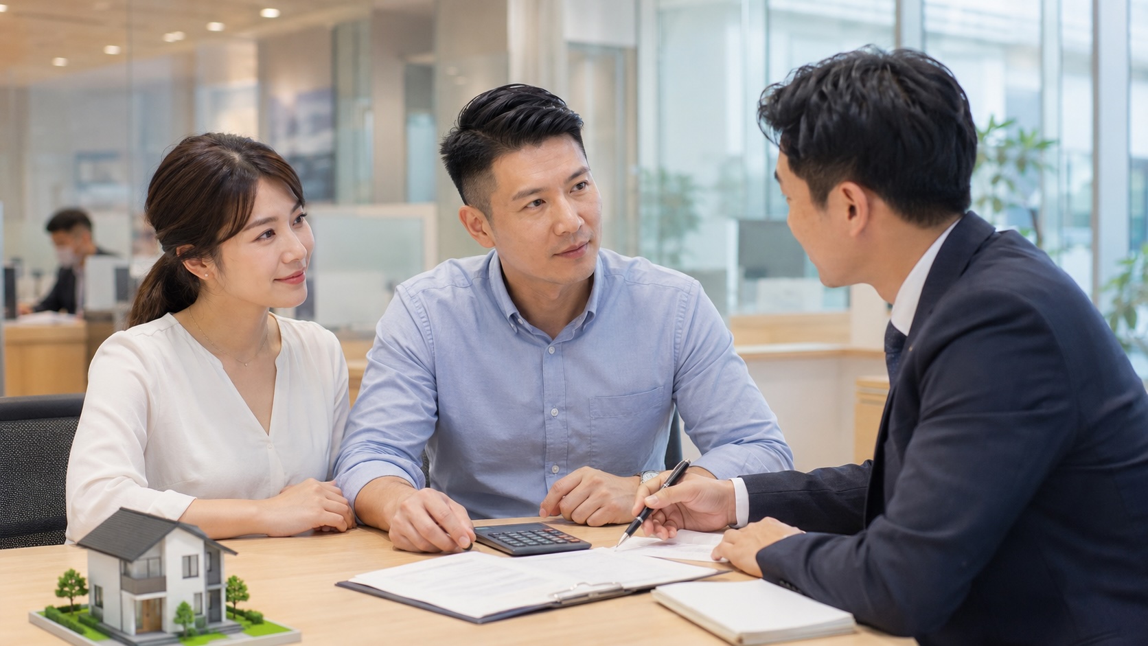 首購族在銀行諮詢房貸方案，示意屏東買房最高貸 85 成