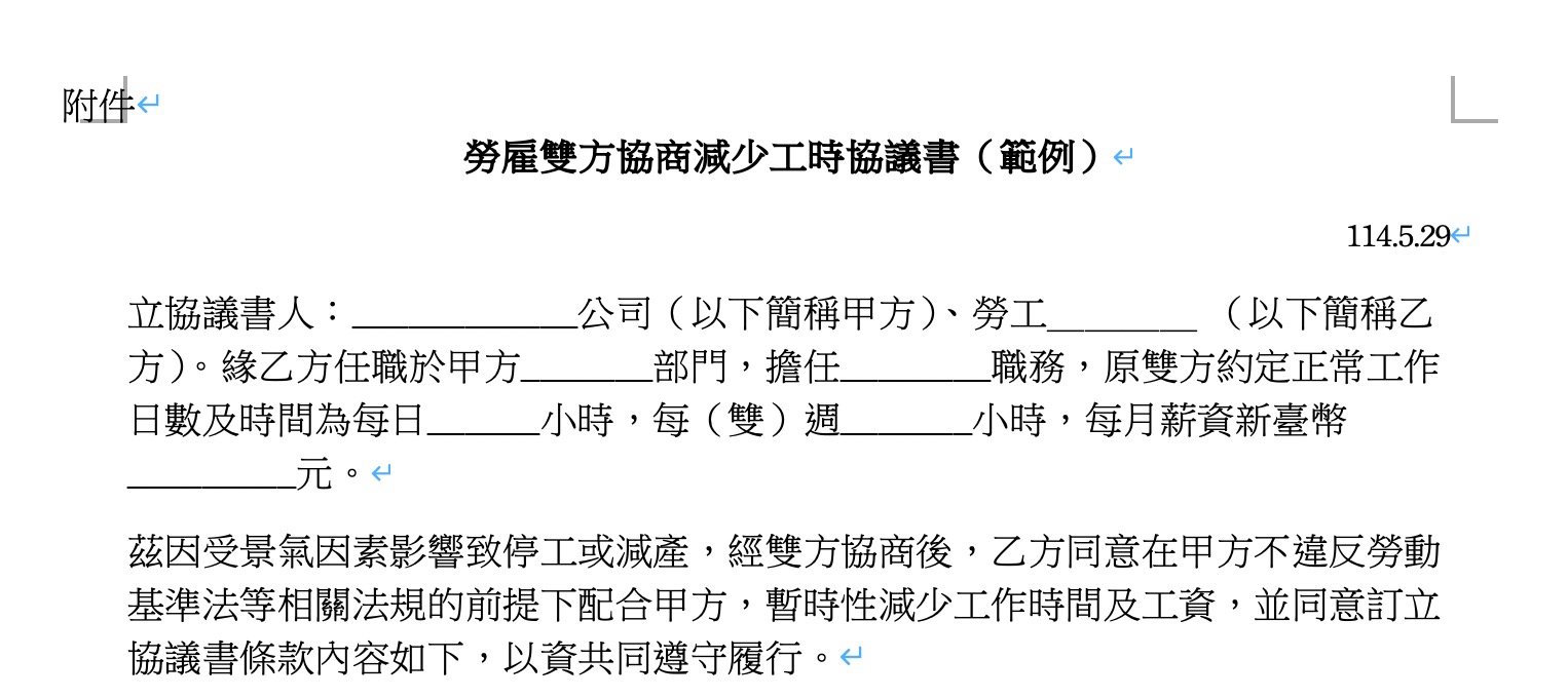 勞雇雙方協商減少工時協議書範例（圖源：勞動部）