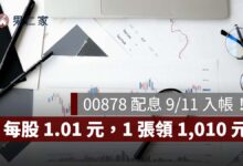 00878 配息 9/11 入帳！每股 1.01 元，1 張領 1,010 元、下一次除息時間一次看