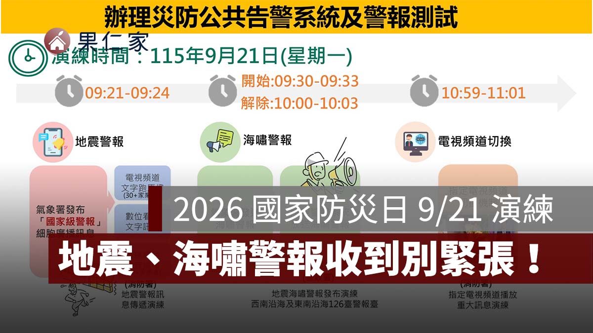 2026 國家防災日 9/21 演練：9:21 地震警報、9:30 海嘯警報，手機收到別緊張！（圖源：內政部）