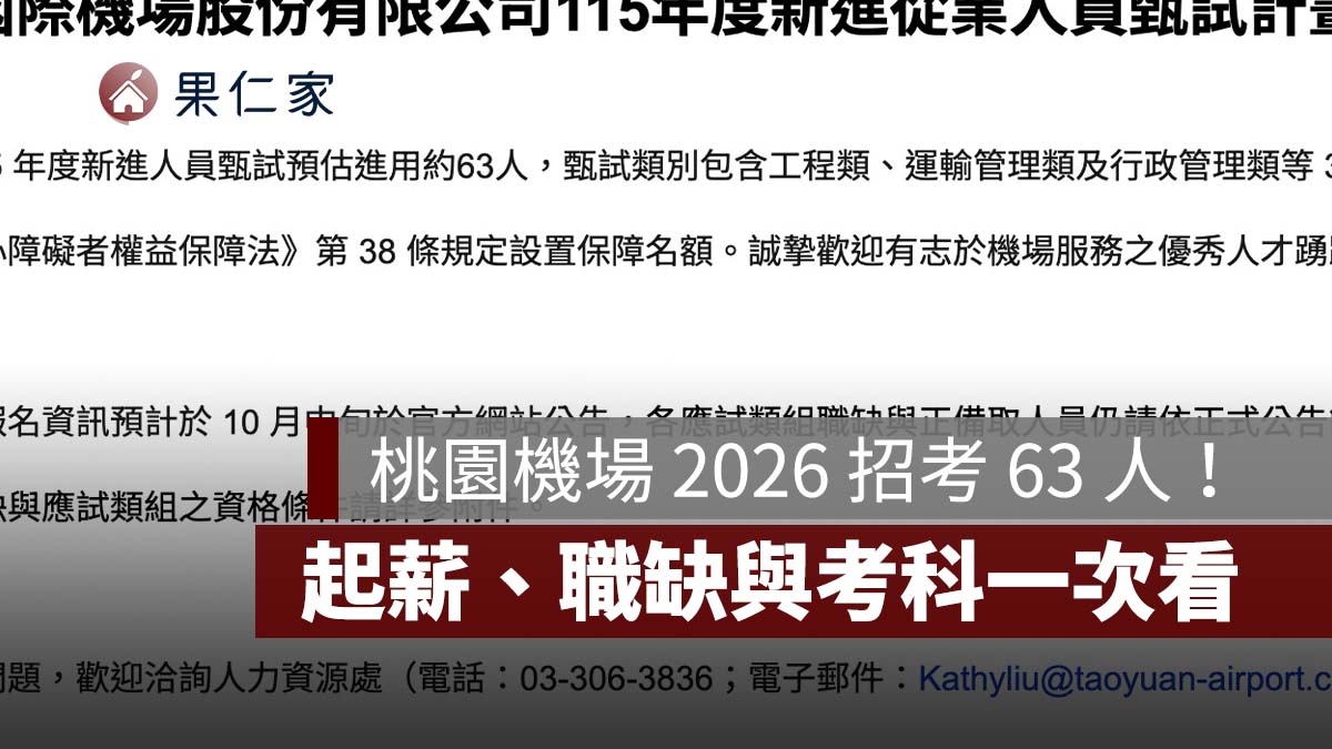 桃園機場 2026 招考 63 人！起薪最高 6.5 萬，報名時間、職缺與考科一次看（圖源：擷取自官方甄試簡章）
