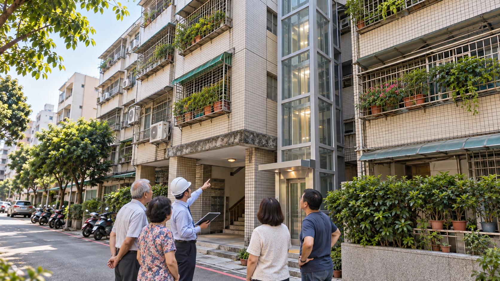 台中五樓老公寓加裝電梯位置與現場可行性評估示意圖