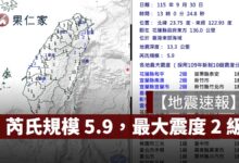 【地震速報】9/30 發生芮氏規模 5.9 有感地震，最大震度 2 級