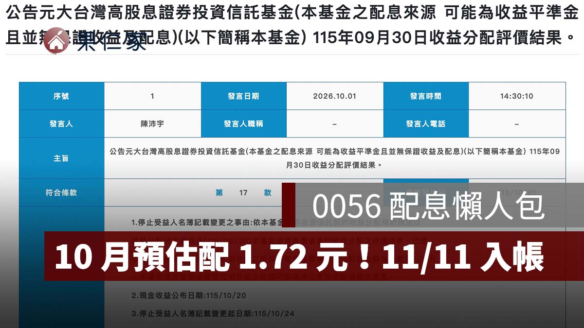 0056 配息懶人包》10 月預估配 1.72 元！10/22 除息、11/11 入帳，2026 配息與歷年紀錄