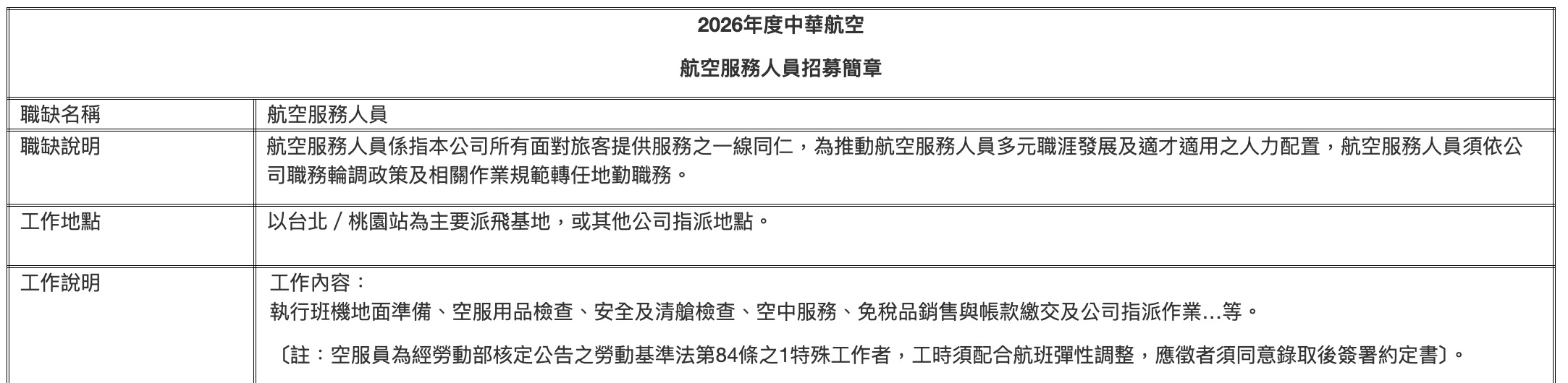 2026 中華航空徵才資訊（圖源：擷取自華航官網）