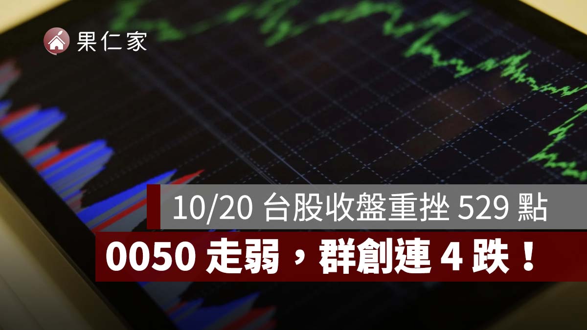 10/20 台股收盤重挫 529 點！台積電跌 15 元、0050 走弱，群創連 4 跌