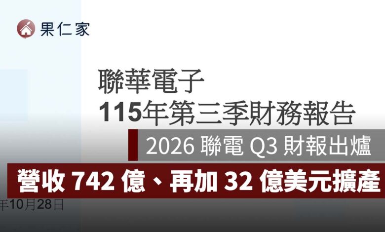2026 聯電 Q3 財報出爐！營收 742 億、產能利用率 92%，再加碼 32 億美元擴產（圖源：聯電官網）